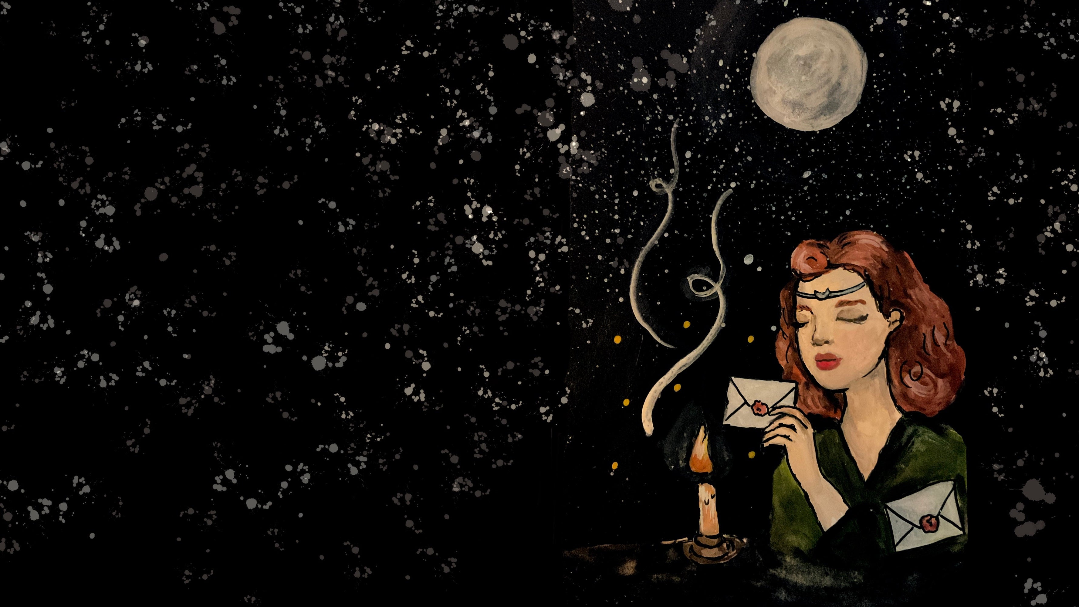 Illustration of a woman holding a letter under a moonlit sky with stars.
